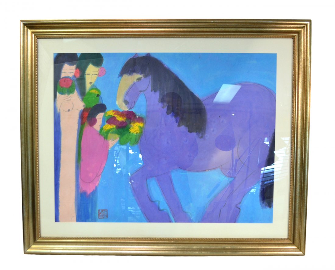 Walasse Ting, Watercolor - 3 Geishas: Colorful composition depicting three geishas at left offering fruit to a purple horse. Bears artist's calligraphic red stamp at bottom left. [Art: (sight) 34 1/2" x 26 3/4"; Frame: 45 5/8" x 37 1/4"].