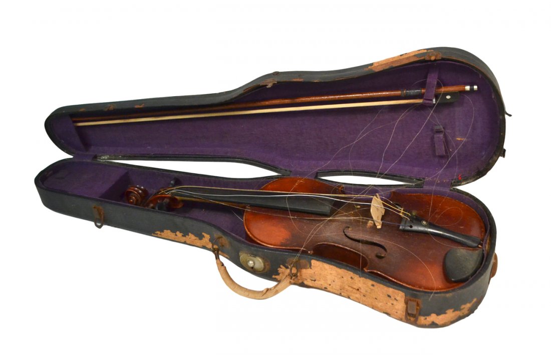 Early 20th C. "Stradivarius" Violin: Full-size violin with worn finish, separation of top and back, and scratches. Accompanied by hard case and a Robert W. Ernst bow. All sold together "as is".