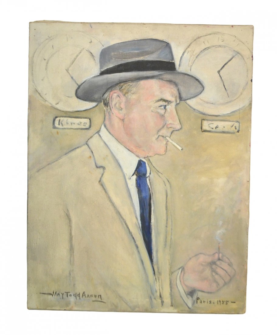 May Todd Aaron, Oil on Canvas - Newsman: Bust-length half-profile depiction of a man with cigarette, hat, and raincoat in front of two international clocks. Signed bottom left, "May Todd Aaron" and inscribed at left "Paris 1955". [Art: 19 3/