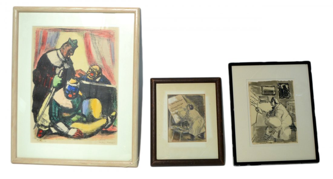 Benjamin Kopman, 3 Framed Signed Works: Comprises: 1.) Color lithograph signed and inscribed in bottom margin, "Three clowns 12/20 Benjamin Kopman '45". [Image: 11" x 14 3/4"; Frame: 16 1/8" x 20"]. 2.) Two original pen and ink New Years ca