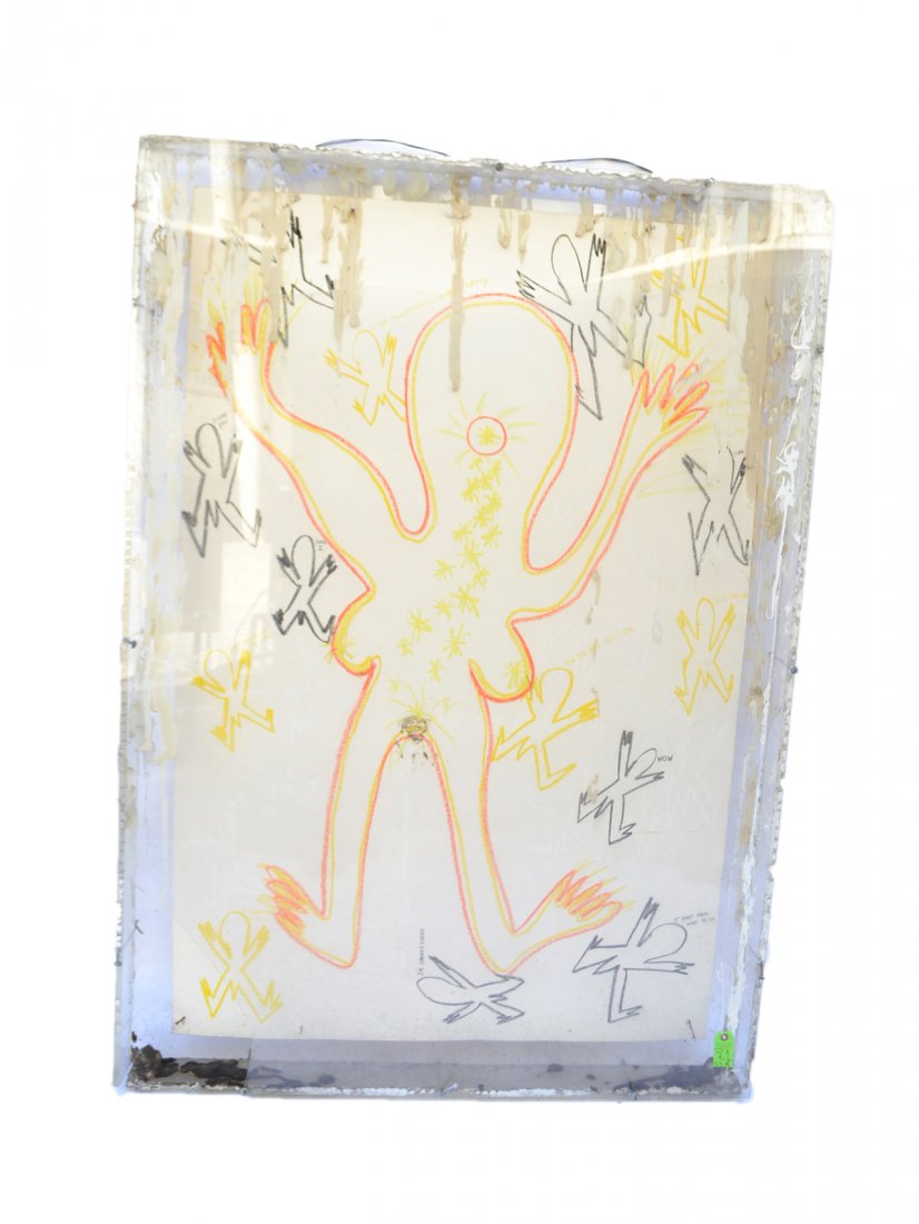 Contemporary Mixed Media Abstract: Figural Abstract. Pastel on large paper sheet contained in a clear acrylic case with caulking compound and steel bolts. Depicts a female figure at center surrounded by male figures with inscribed capt