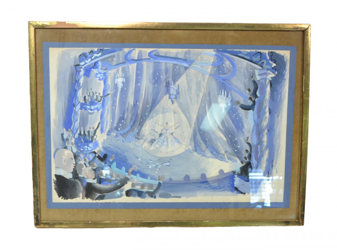 Raoul Pene du Bois, Watercolor & Gouache: Watercolor and Gouache - "Call Me Madam." Set design inscribed on backing board - "Lichtenburg - View from the castle terrace - back drop. 'Call Me Madam' 1950, London" Art work initialed vertically, 