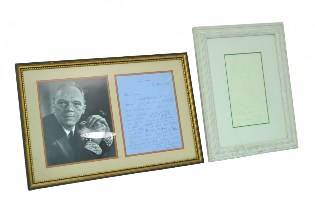 Jean Cocteau & Joshua Logan - Autographs: Items autographed by Jean Cocteau and Joshua Logan. Comprises: 1.) Jean Cocteau, 8vo illustrated autographed noted signed "Jean Cocteau 1951". Bears a sketched minotaur's head and inscribed "A mon bie