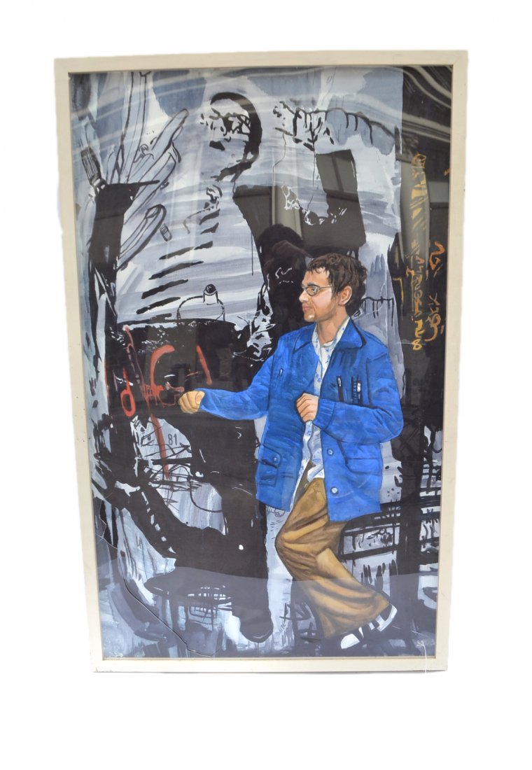 Robert W. Kitchen, Watercolor: Watercolor on paper laid on canvas. Standing full-length 1/2 profile depicting a man in a boxing pose. Signed on verso "Robbie Lee/R.W. Kitchen/2004". [Image: 40 1/2" x 67 1/2"; Frame: 43 5/8" x 70 1/