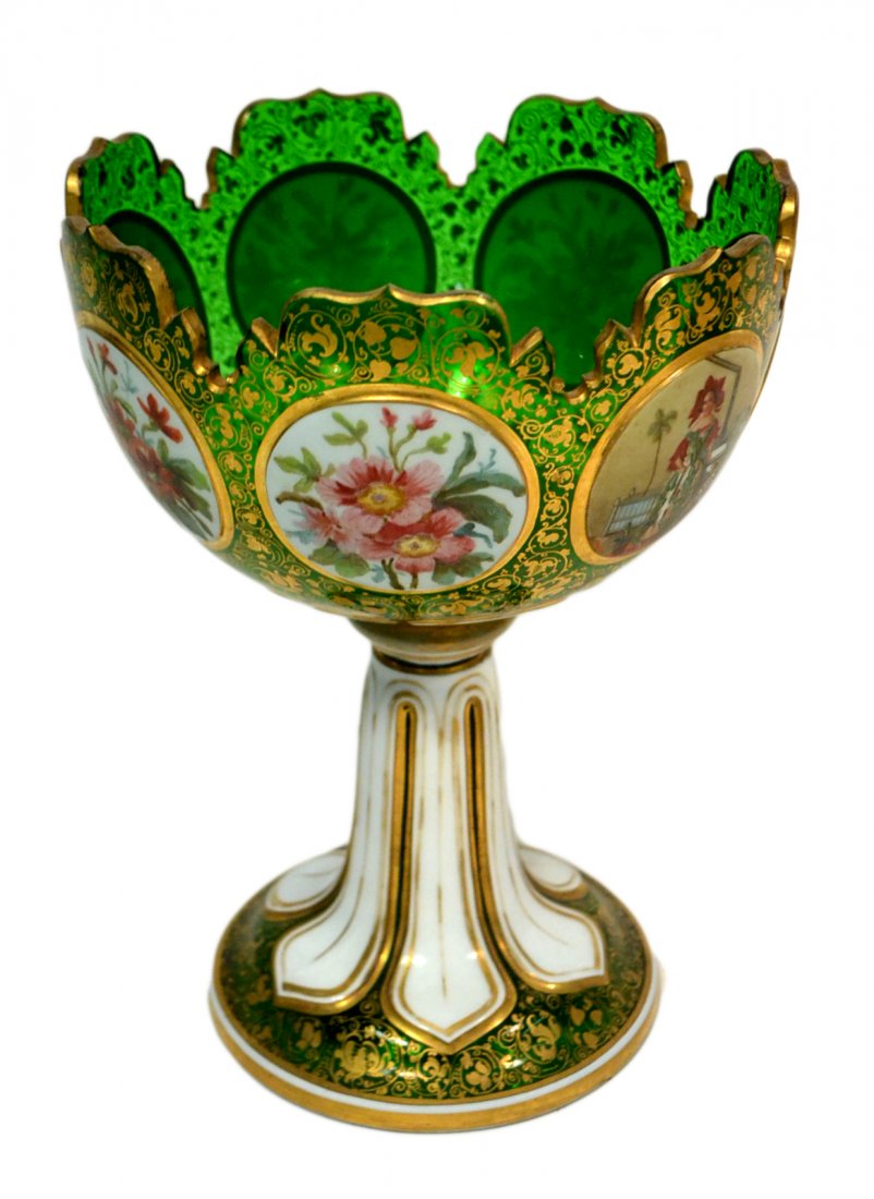 Green and White Glass Compote: White opaline flashed over translucent green base. With gilt and enameled figural and floral decoration. Some wear to gilding, otherwise in good condition. [6 1/4 Dia x 8 7/8" H].