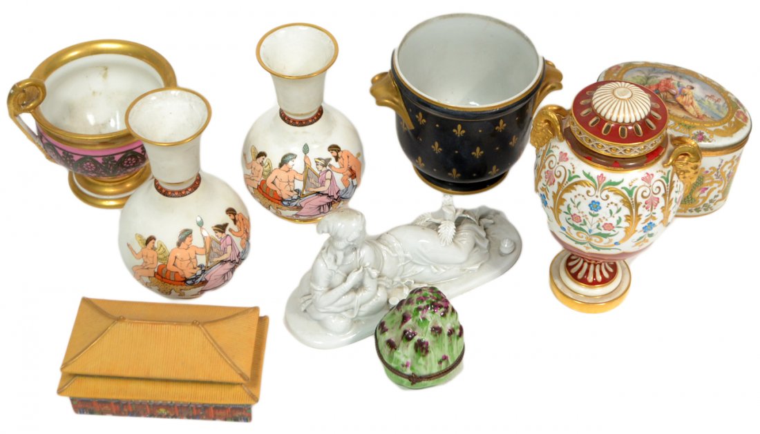 9 Porcelain Articles: Comprises Minton potpourri vase (cover "as is"), pair of French porcelain neoclassical vases, Paris porcelain cup and oval box, Rosenthal figure, Limoges artichoke box, and cachepot, Japanese music bo