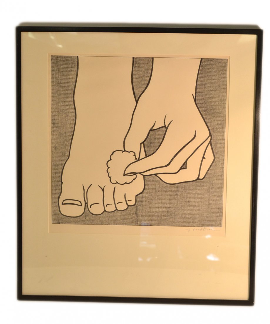 Roy Lichtenstein- "Foot Medication" 1963: Offset lithograph on wove paper. Signed in pencil lower right. From an unnumbered edition published by Leo Castelli Gallery. Matted and framed, in good condition. [Sight: 15 1/2" H x 15 7/8"; Frame: 2