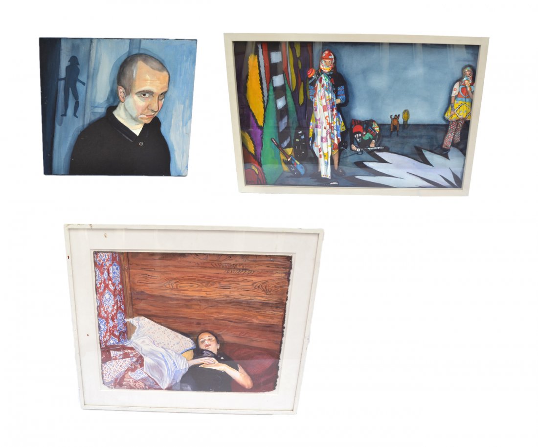 Robert W. Kitchen, 3 Works of Art: Comprises: 1.) Watercolor depicts a woman reclined on a bed with pine headboard. Unsigned. [Art: 22 1/2" x 17 3/4"; Frame: 29" x 24"]. 2.) "Steven Merrit", watercolor on paper laid on canvas. Portrait