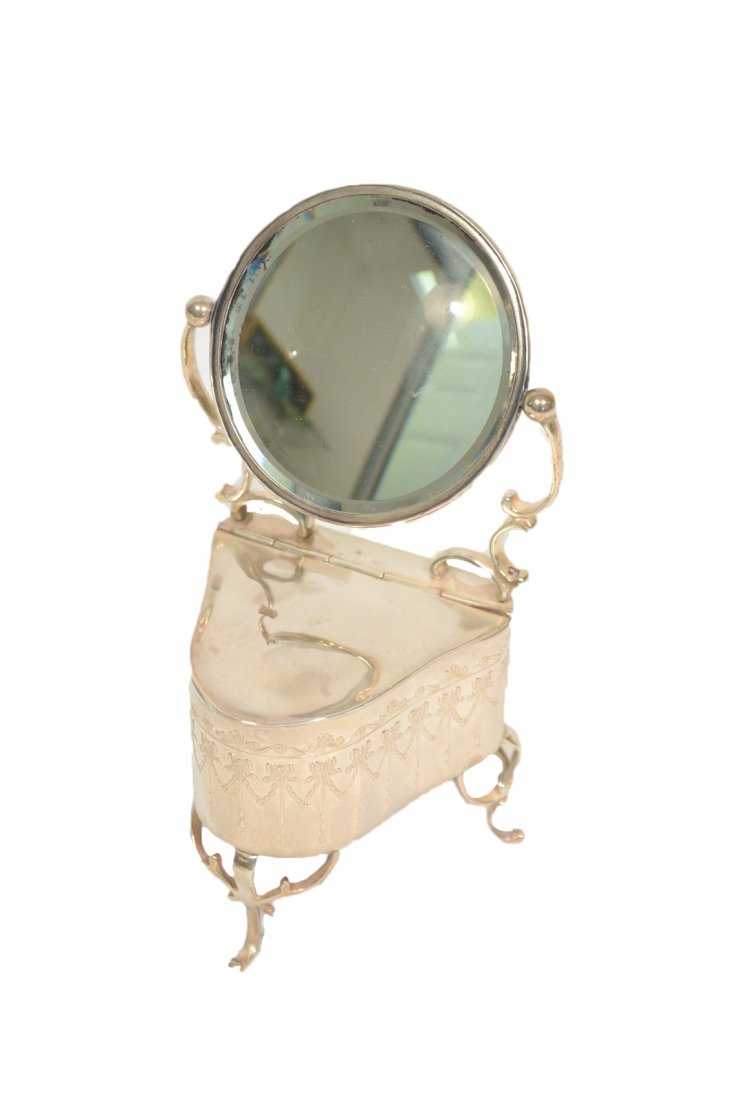 English Sterling Vanity-Form Box: In the form of a dressing table with pivoting mirror. [5 7/8" H]. Good condition. 5.19 ozt.