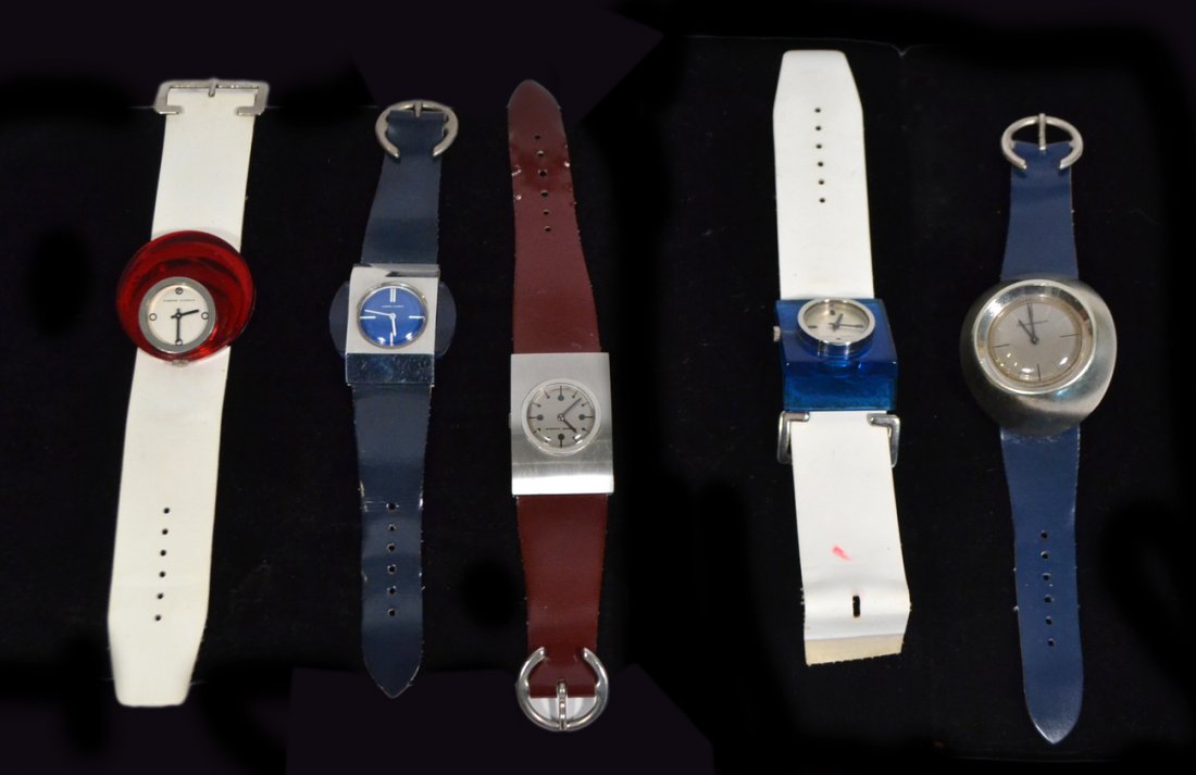 5 Watches - Pierre Cardin for Jaegar: 1971-73 "Space Age" Watches. Five modern French watches by Pierre Cardin for Yaegar Paris c1971, movement by Yaegar with unique "C" as buckle. Entire collection featured in a book titled: "Watch" by P