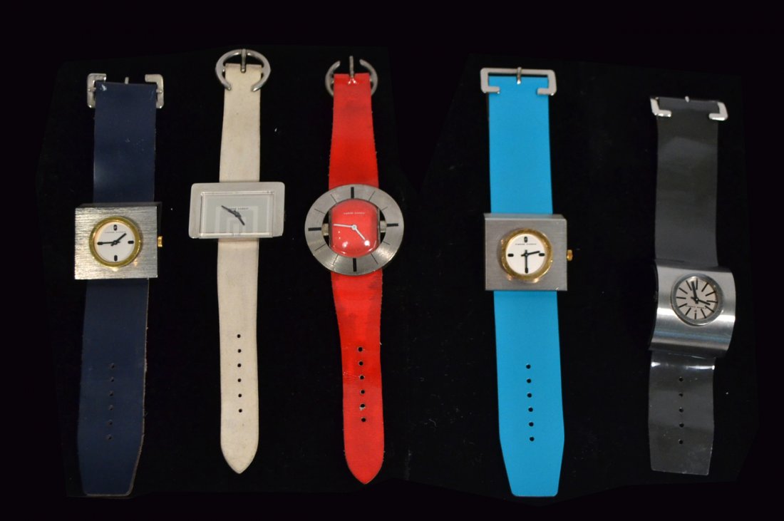 5 Watches Pierre Cardin for Jaegar: 1971-73 "Space Age" Watches. Five modern French watches by Pierre Cardin for Yaegar Paris c1971, movement by Yaegar with unique "C" as buckle. Entire collection featured in a book titled: "Watch" by P