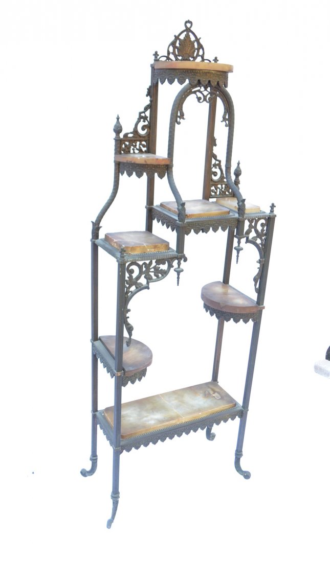 Bronze and Onyx Étagère: 19th century French étagère. [25 1/2" W x 12" D x 66" H]. Worn patina, onyx slabs "as is".