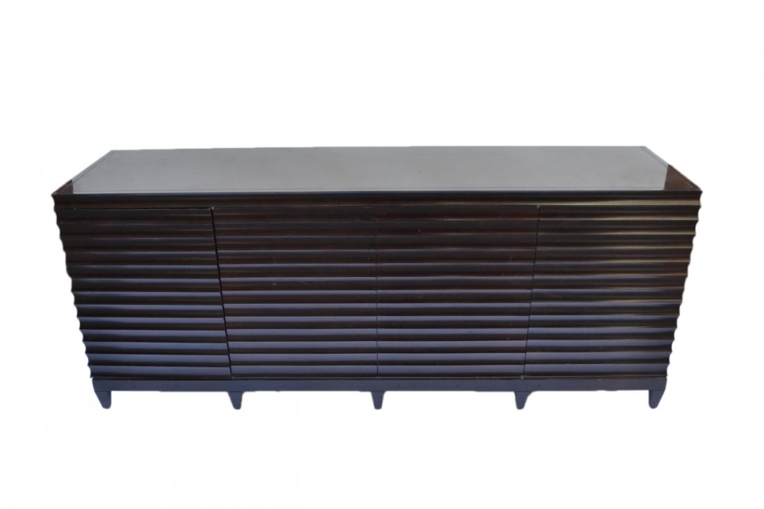 Contemporary Sideboard: Slat-form sideboard with two drawers and shelves in the interior. [84" W x 22" D x 34 1/2" H].