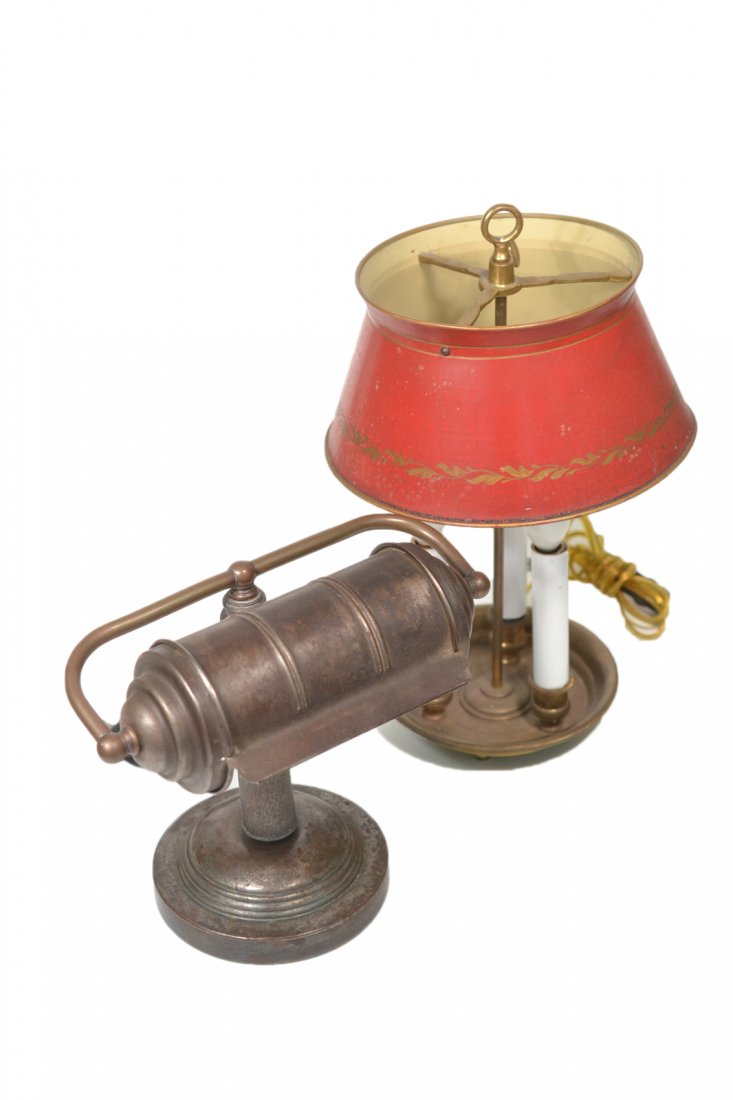 Two Small Lamps: Includes patinated metal desk lamp and small candelabra with tole shade. [Larger: 14 1/2" H]. Wear to metal.