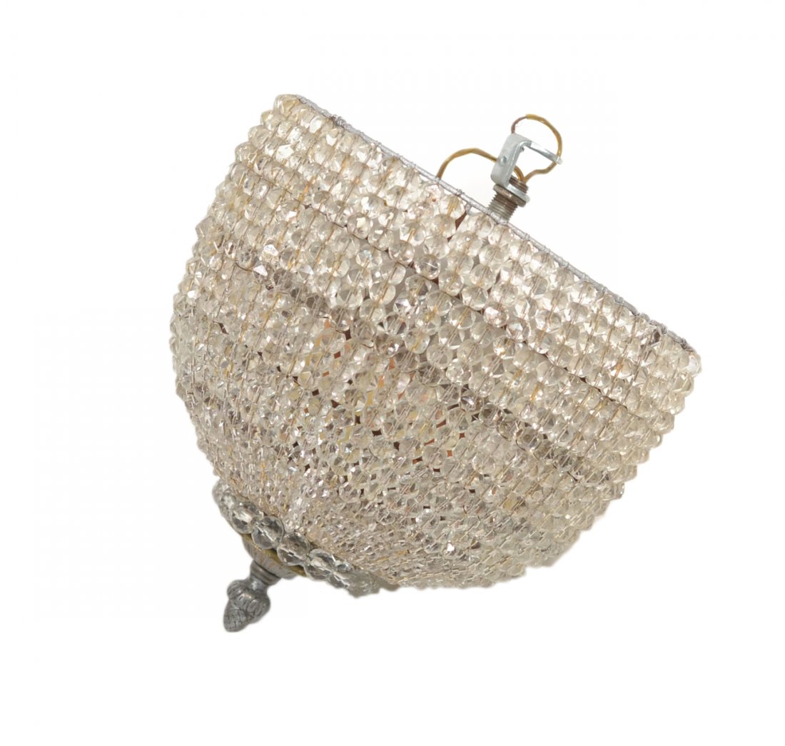 Vintage Crystal Beaded Light Fixture: Dome-form beaded light fixture with silvered metal finial. [10" H x 9" Dia].