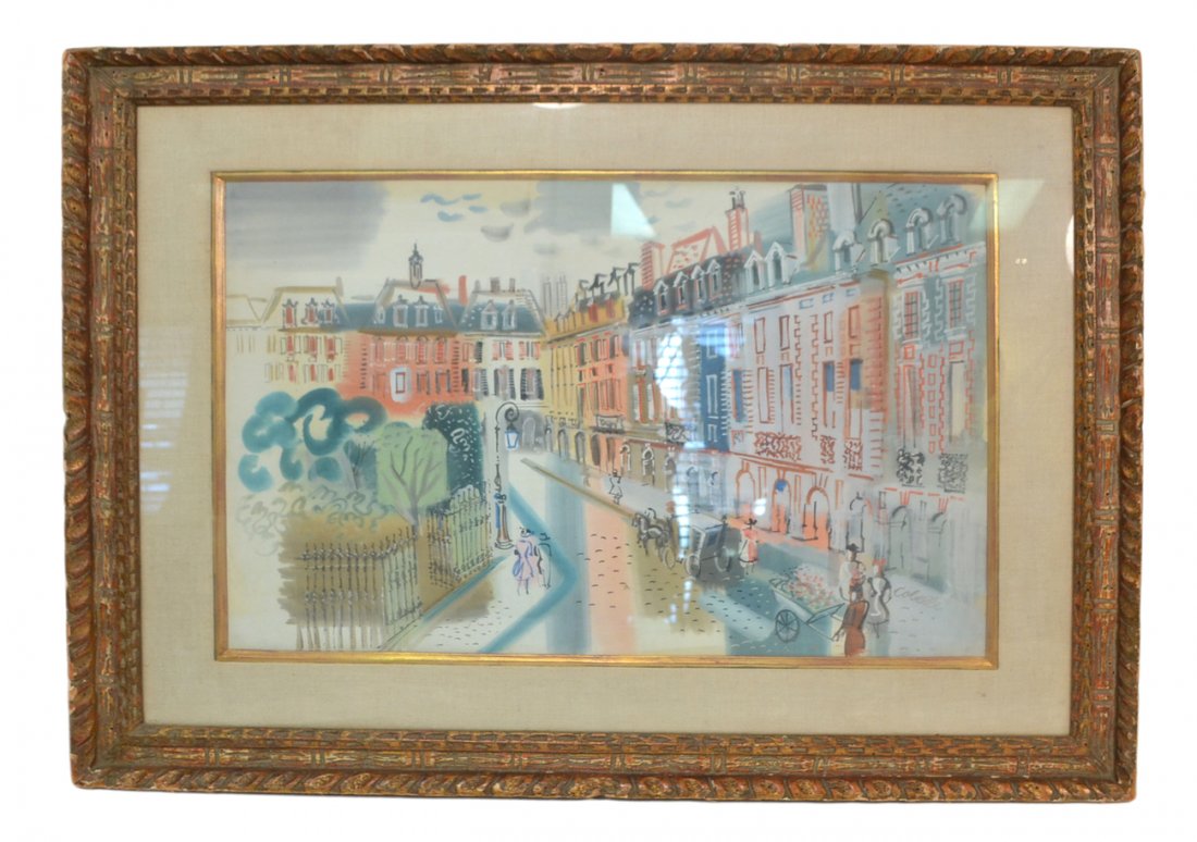 Cobelle - Paris Street Scene: Framed watercolor of a Paris street scene. [Art: 30" x 21"; Frame: 42" x 33"]. Good condition.
