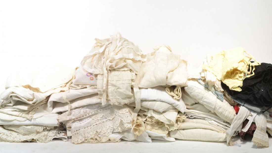 Assorted Vintage Linens, Lace, etc.: Includes antique and vintage child's clothing, table linens and more. Conditions vary, all sold "as is".
