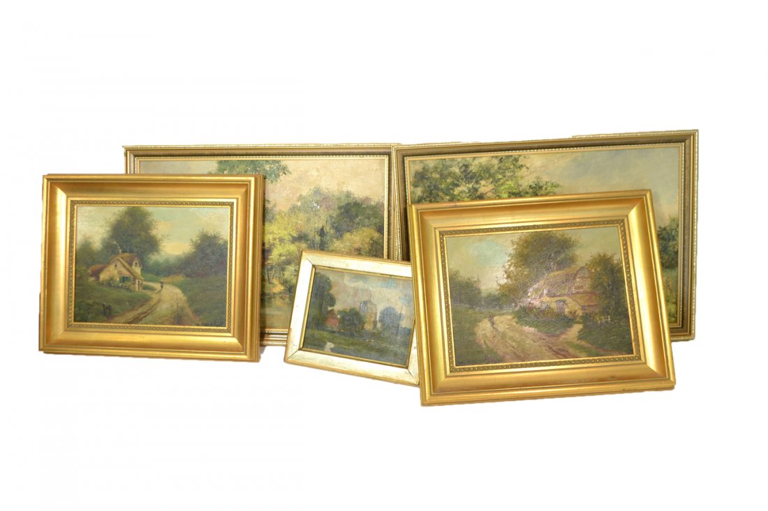 Five British Oil Paintings - Landscapes: Vintage and antique framed paintings comprising: 1.) Oil on canvas, cottage and church tower in meadow. [Art: 7 1/2" x 5 5/8"]. 2.) Oil on canvas board, cottage by a river. Signed bottom left "O. Day"