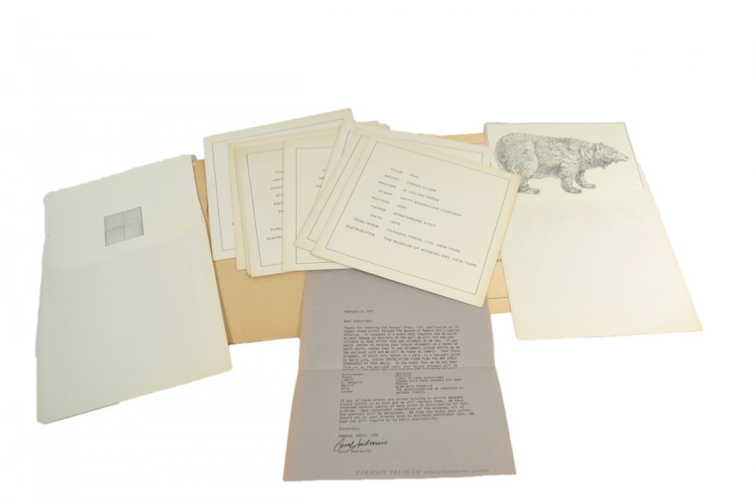 Portfolio of 13 Prints - MoMA: Each in original envelope, and of an edition of 1000, dated 1976 published by Parasal Press, Ltd. Includes work by Tom Wesselmann, Robert Mangold, Joe Zucker, Don Nice, Sol Lewitt, Chuck Close, Carl A