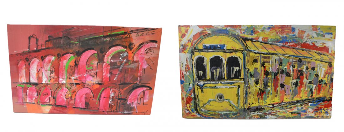 Two Spanish Scenes: Two unframed oil on canvases, one by Roberto Gongalves, Brazil, the other signed illegibly RIO. [41 1/2: x 25" and 62" x 38 3/4"].