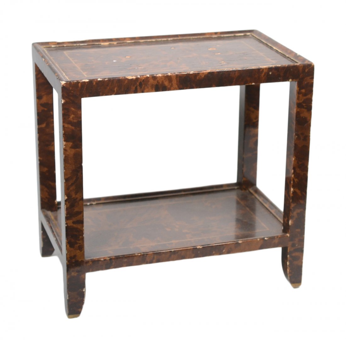 Karl Springer Telephone Table: Small faux tortoise painted 2-tier telephone table by Karl Springer. Significant chips to painted finish. [15 1/2" W x 9 1/2" D x 15" H].
