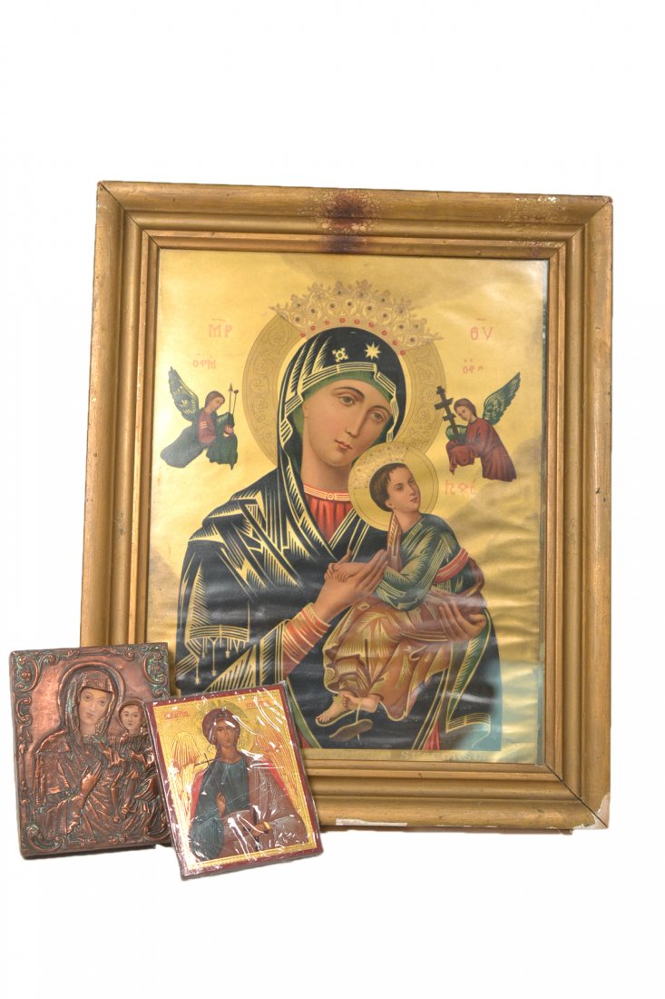 3 Icons - Madonna, Child, Saint: Two printed, the other copper clad with painted faces. [Largest: 20" x 16 1/2"; Smallest: 5 1/2" x 4 1/2"] Good condition.