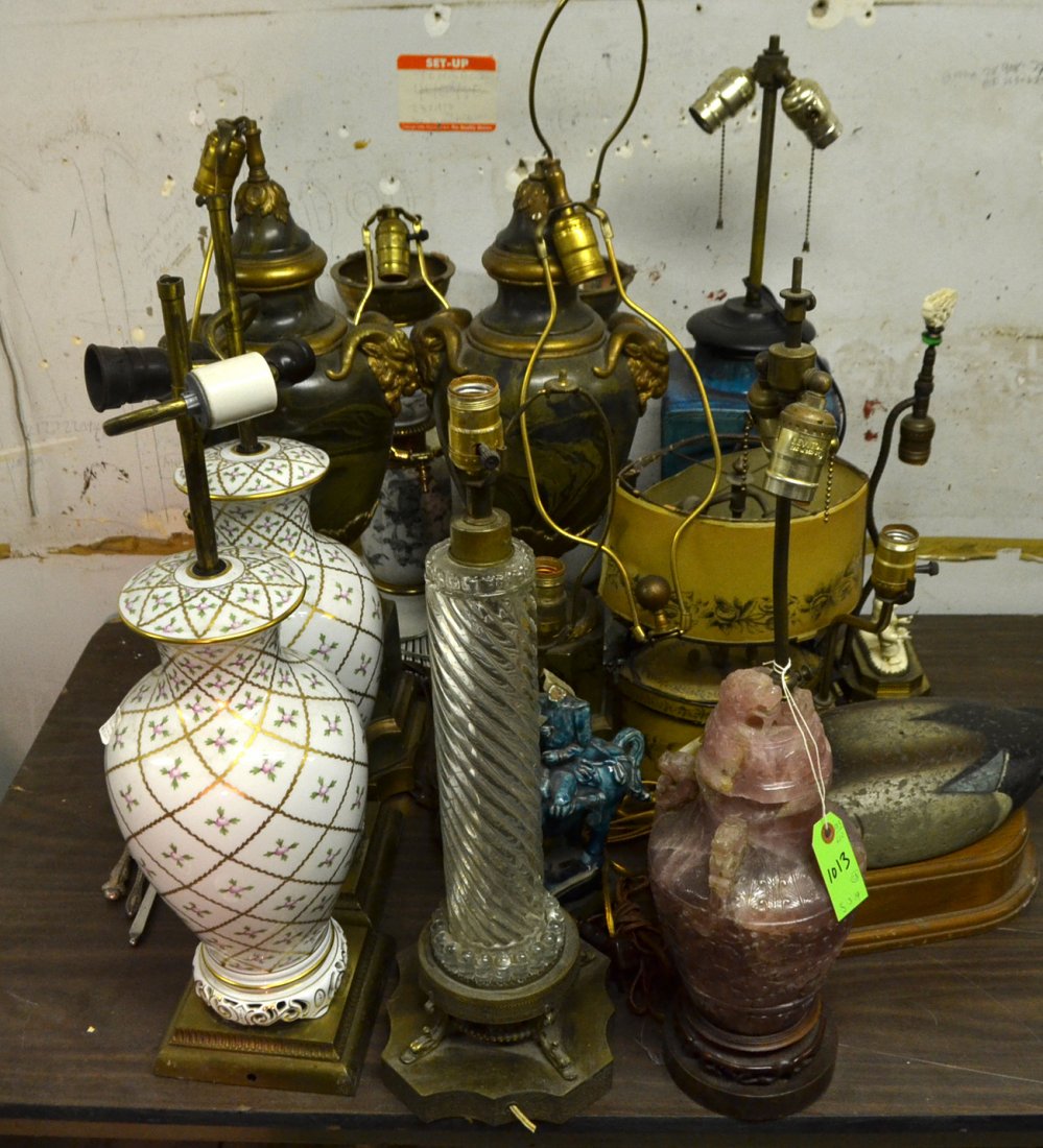 13 Assorted Lamps: Includes rose quartz, glass, porcelain and tole. [Tallest: 25" to socket] Most "as is".