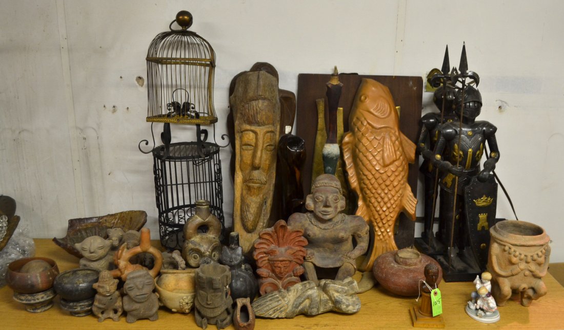 Assorted Lot of Decorations, 40 Pieces: Includes Central & South American ceramics, pair of tin diminutive suits of armor, etc. [Armor: 29" H]. Sold "as is".