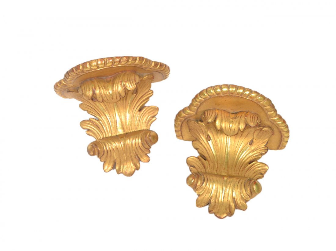 Pair of Gilt Plaster Brackets: Each trefoil shelf with acanthus leaf support. [9" W x 6" D x 7 3/4" H]. Good condition.