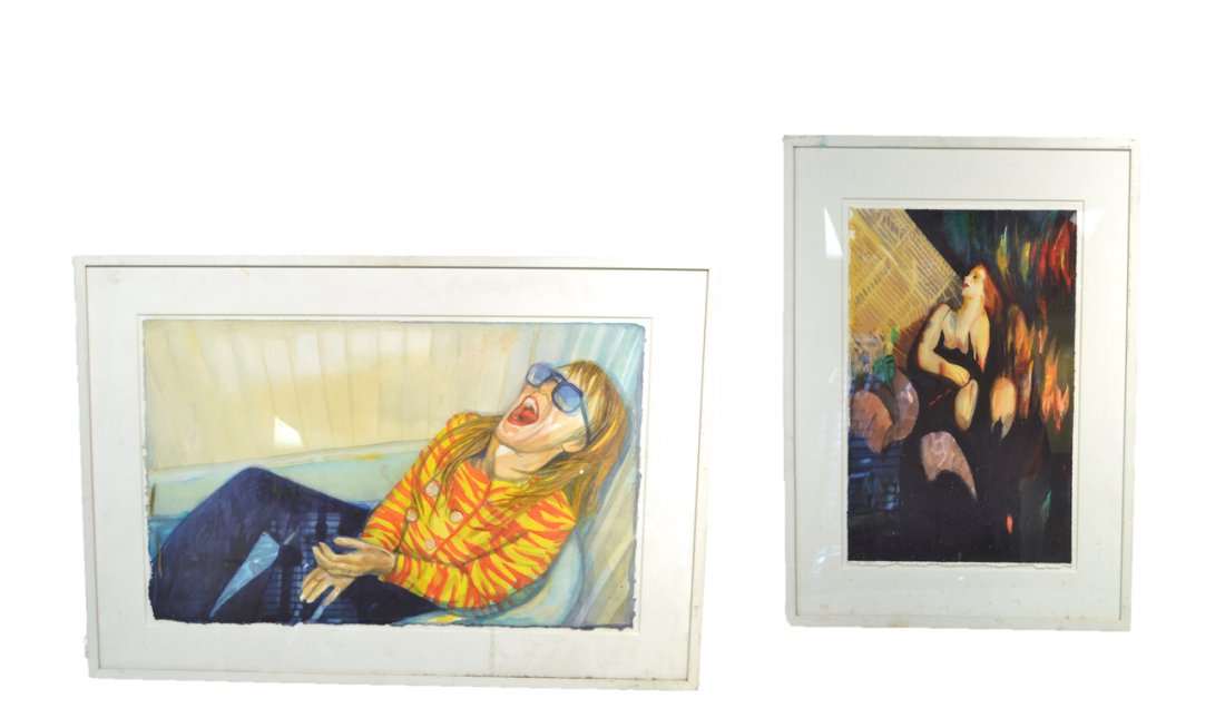 Two Female Works of Art: A framed painting of a woman in bathtub with sunglasses and a framed seated woman. [Art: 22 1/2" x 15"; Frame: 28 3/4" x 17 1/2"].