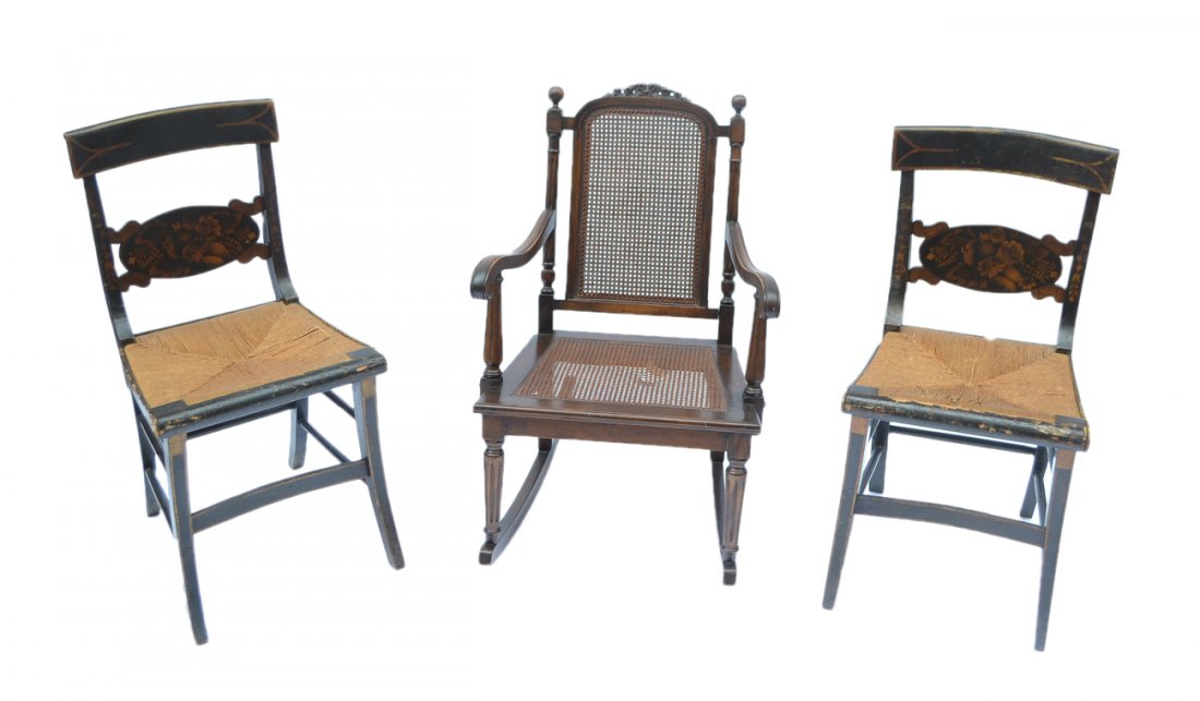 Three Vintage Chairs: Includes rocker and pair of Victorian stencil-back side chairs. [Rocker: 21" W x 19" D x 33" H, 13 1/2" H to seat]. Significant wear to rocker.