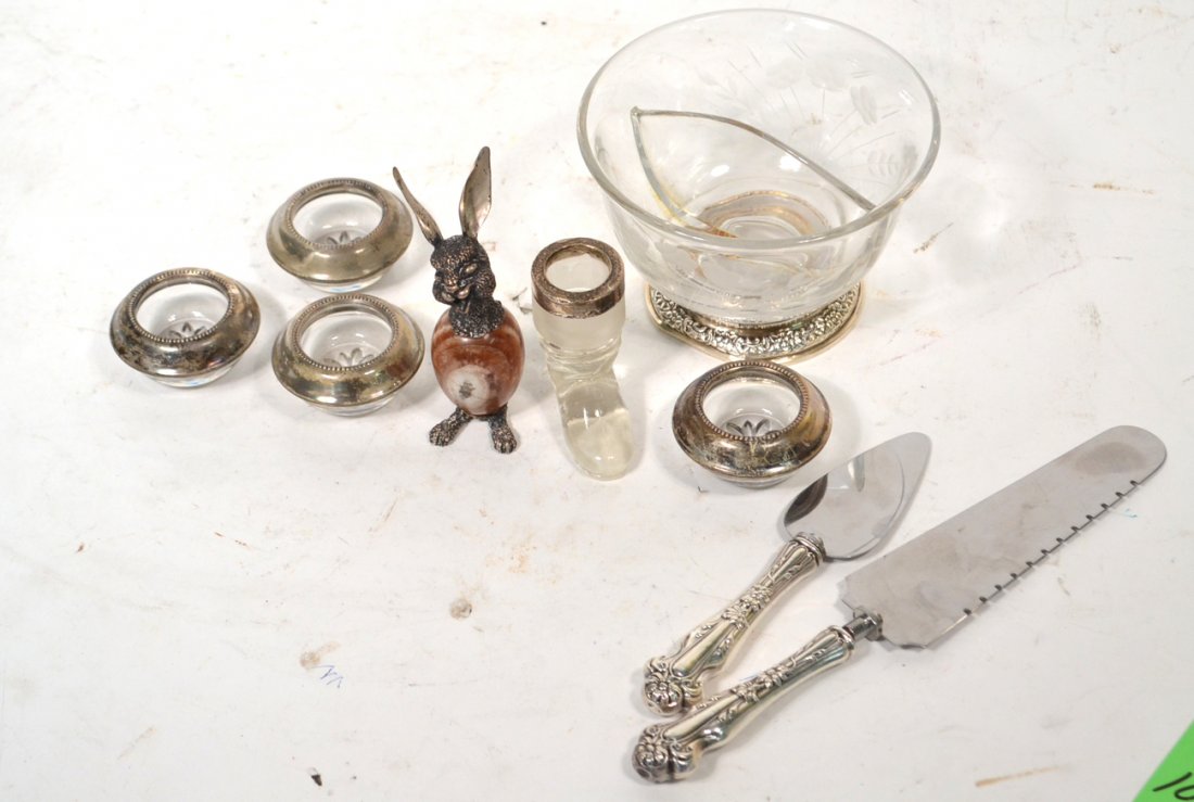 9 Assorted Decorative Articles: Includes .800 silver and hardstone rabbit, and 5 silver mounted glass articles. Stone "egg" bears partial crack.