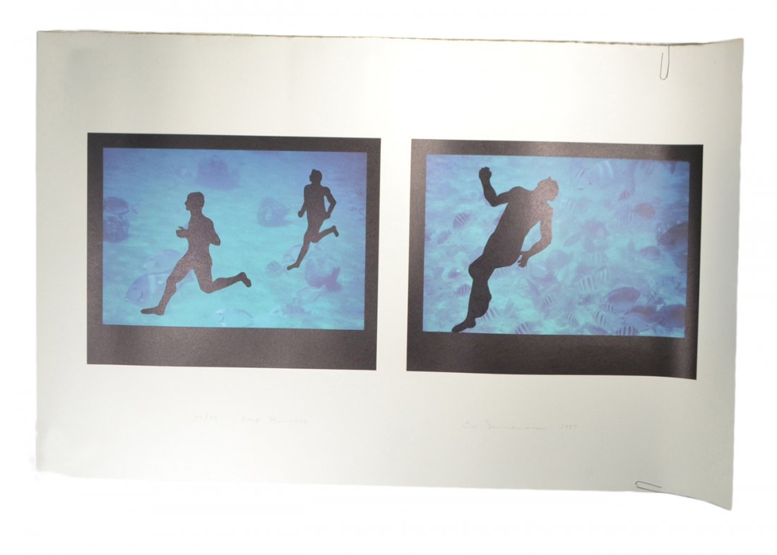 Eve Sonneman, Mixed Media Print, Runners: Double image photographic print with additional techniques. [23" x 38 1/2" on full sheet; unframed]. Entitled "Deep Runners 87/99". Signed lower right and dated 1987.