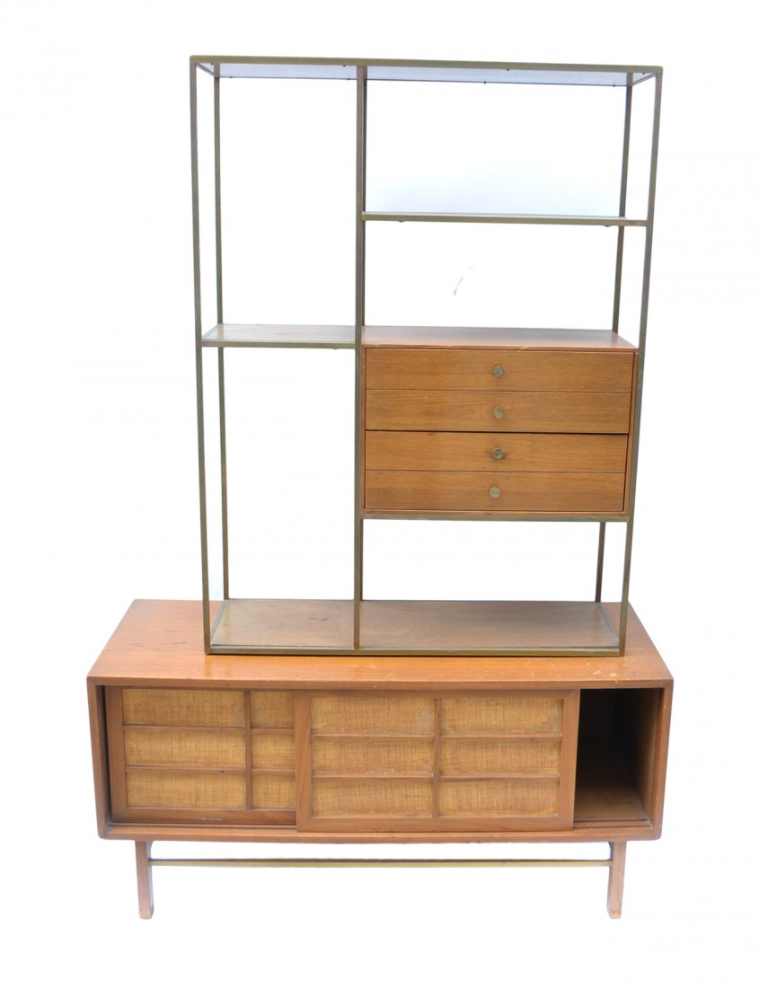Paul McCobb Étagère & Furnette Credenza: Comprises an étagère with brass supports, four shelves, and two drawers together with a credenza with two sliding doors and LP dividers. [47 3/4" W x 18" D x 71" H]. Wear throughout, sold "as is".