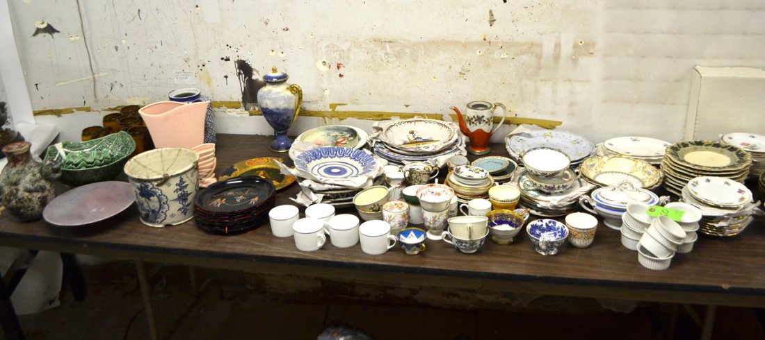 Large Group of Ceramic Table Articles: Includes Bloor Derby and other English, Bavarian, and French porcelains, along with a selection of hand-painted faience articles. All sold as is.