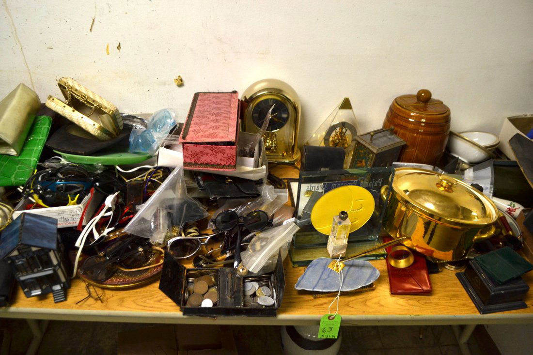 40 Assorted Vintage Articles: Assortment of vintage sunglasses, purses, coins, clocks, buttons, silver plate plates, pen, etc. Ceramic barrel [11" H]. Sold as-is.