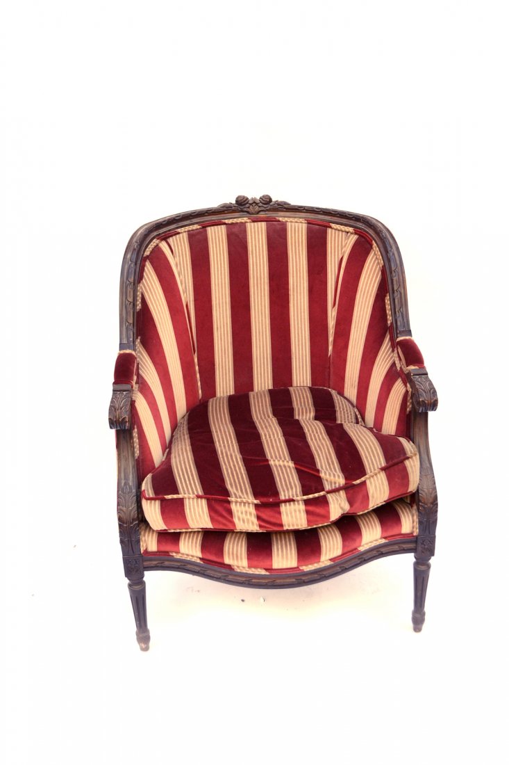 Louis XVI-Style Walnut Bergere: French Louis XVI-style walnut bergere. [28" W" x 35 1/2" H; 19" to seat]. Good condition.