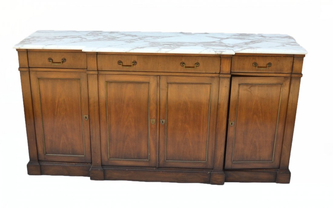 Credenza With Marble Top: Large marble top credenza with locking doors on bottom and three drawers on top tier. 20th century. [87" W x 17 3/4" D x 34 1/4" H]. Chips to veneer.