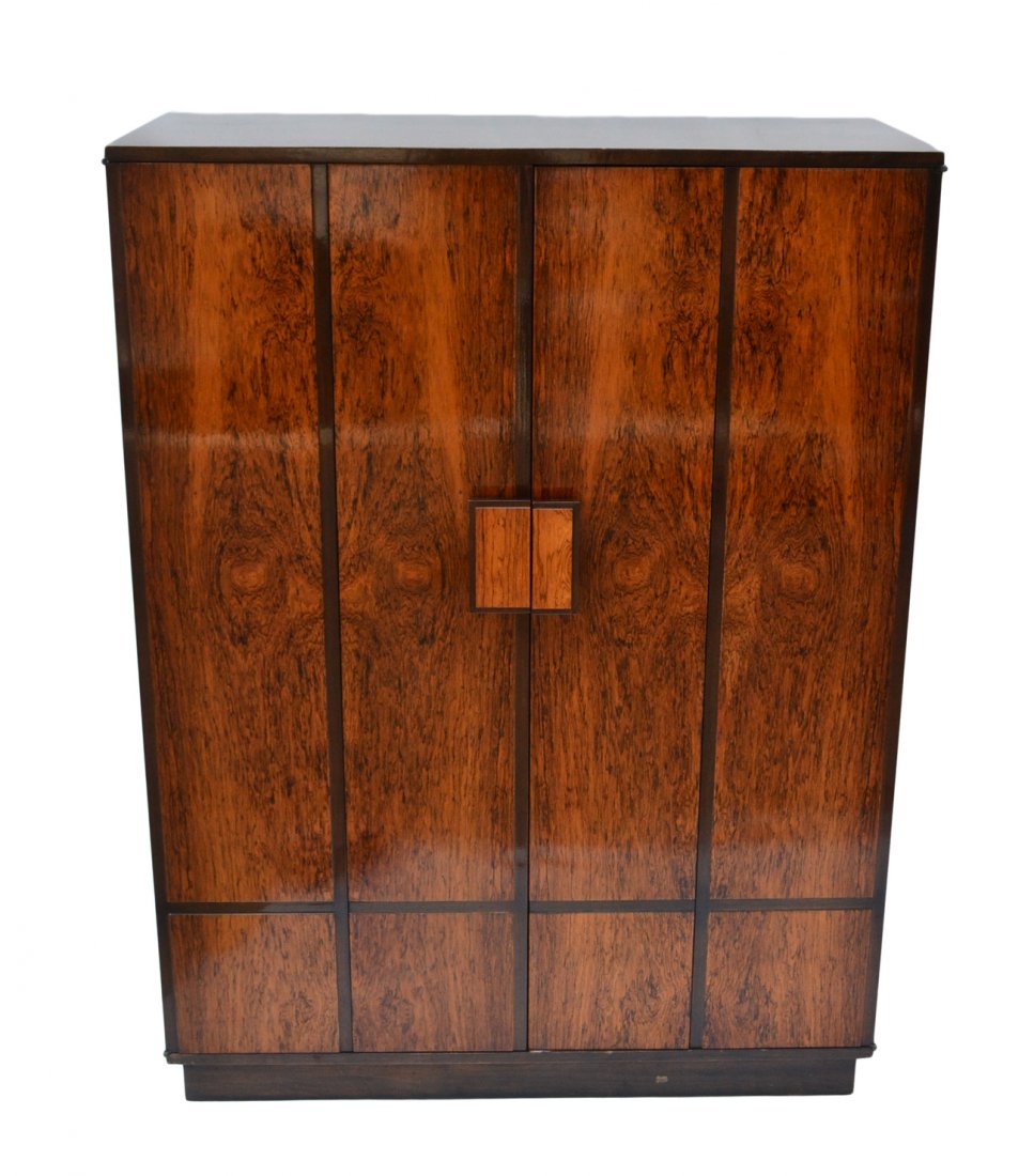 Fred Samuels Walnut Wardrobe: Two-tone walnut cabinet with accordion folding doors and fitted interior. [40" W x 17 1/2" D x 54 " H]. Good condition.