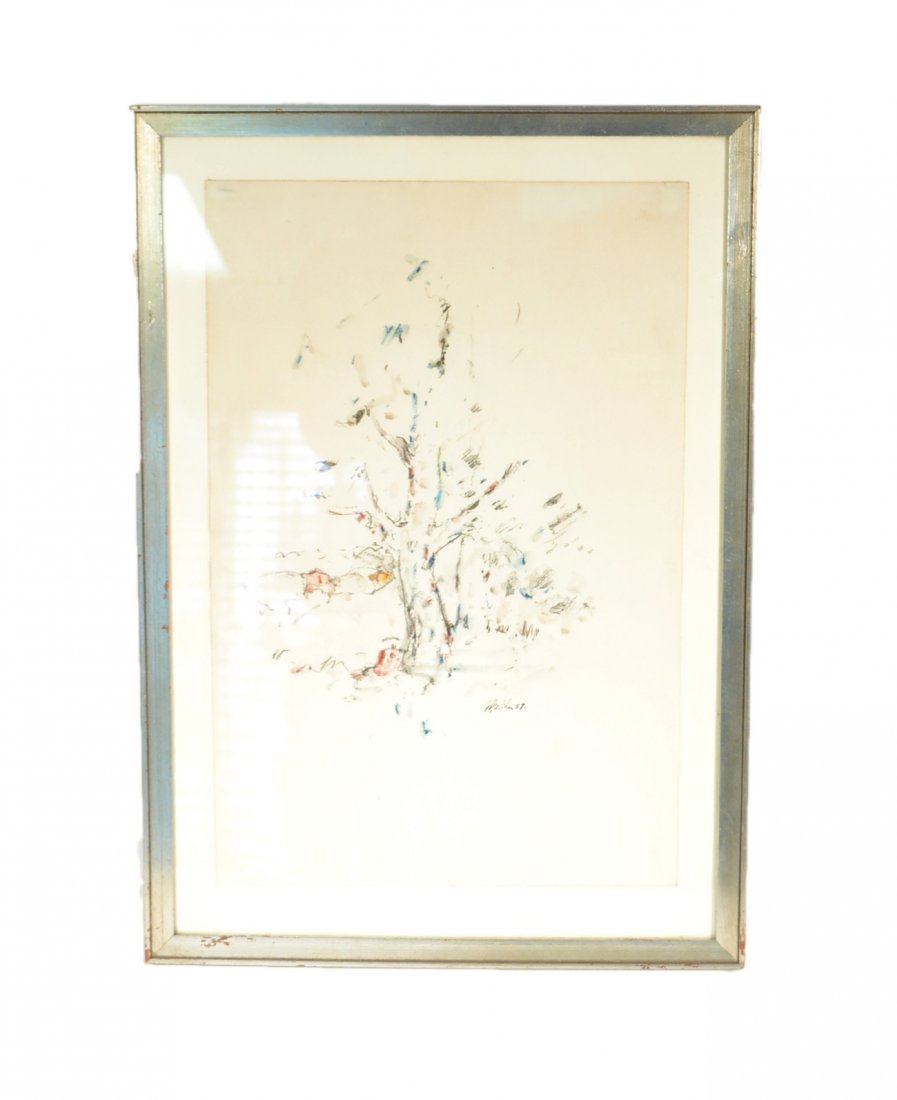 John Heliker, Watercolor & Conte Crayon: "Tree". Abstract tree. Signed bottom right "J. Heliker '57." Verso bears multiple museum and gallery labels. [Art: 9" W x 12 1/2" H on sheet 13" W x 18" H laid down on mount. Frame: 15" W x 22" H]. Pu