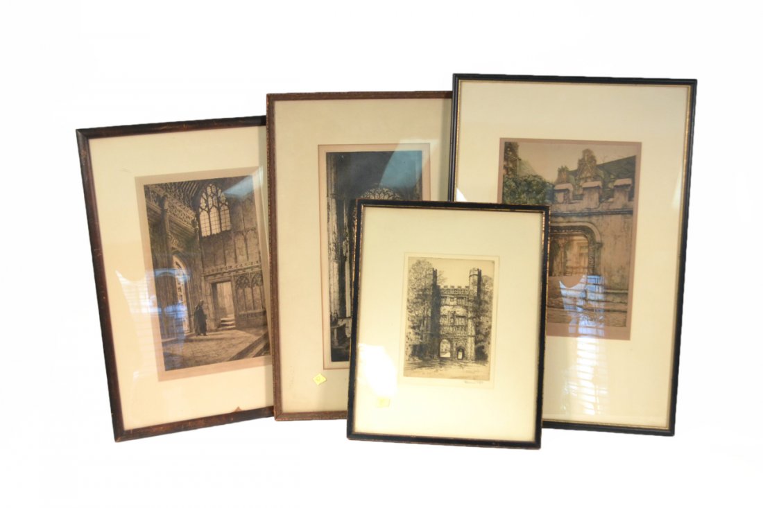 Four Vintage Architecture Prints: Four Vintage Ecclesiastical Architecture Prints. Interior and exterior signed prints. Artists include: Francis Page, Andrew F. Affleck, Axel Herman Haig, and one other. [Images from 5 7/8" W x 8 1/8"