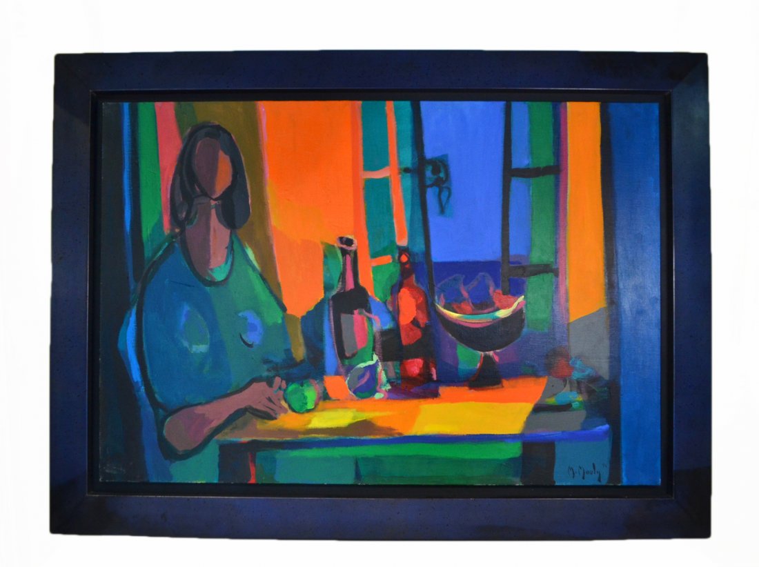 Marcel Mouly Oil on Canvas: "La Dessert Devant La Fenetre". Colorful abstract composition depicting a woman seated at a table with fruits and bottles before an open window. Signed bottom right "M. Mouly". Verso signed and inscri