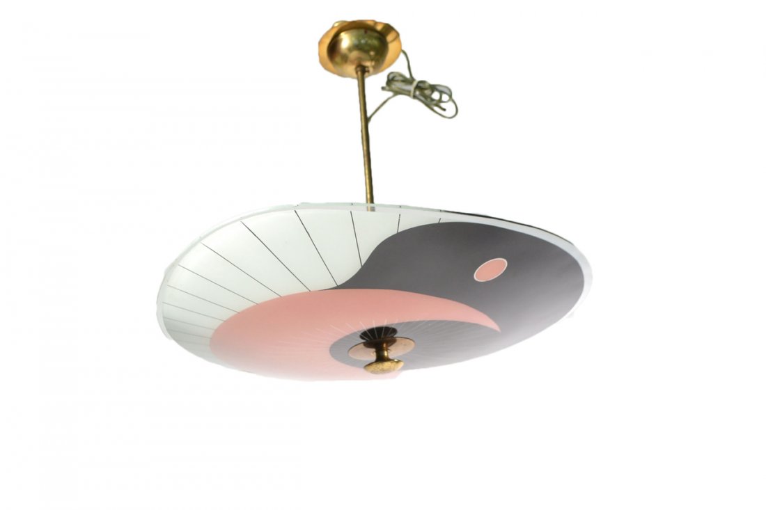 Modern Decorated Glass Shade: Peach, black, white pallat-form ceiling shade. [23 1/2" W x 18 1/2" D x 17" H (approx)]. Stem pitted. Overall good condition.
