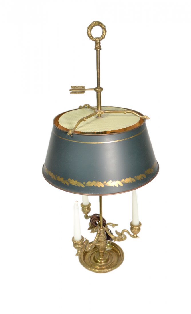 Brass Bouillotte Lamp: Features three swan-form arms below an adjustable plated brass shade concealing two Edison base sockets. [13 1/2" Dia x 29 3/4" H].