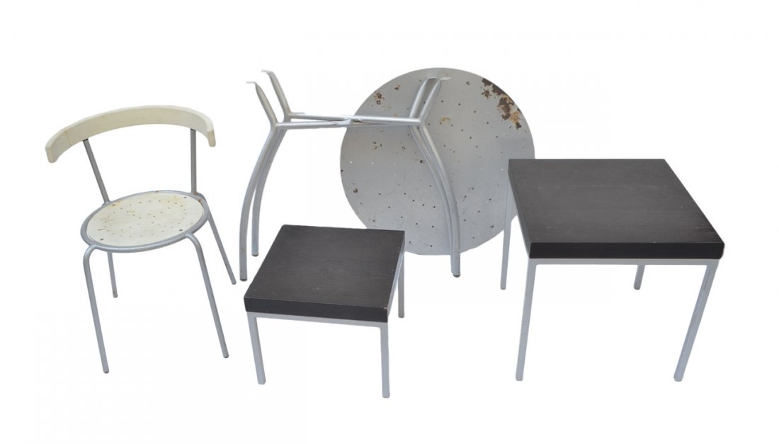 Four Articles of Small Furniture: Four articles of wood and metal furniture including one chair, one metal round table, one small side table, and one larger side table. [Chair: 27" H]. Scratches; round table has rust.