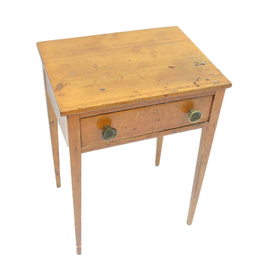 Antique One Drawer End Table: Hepplewhite end table with one drawer and square tapering leg. [21" W x 16" D x 28 1/2" H]. Stains, scuffs, and burns to surface.