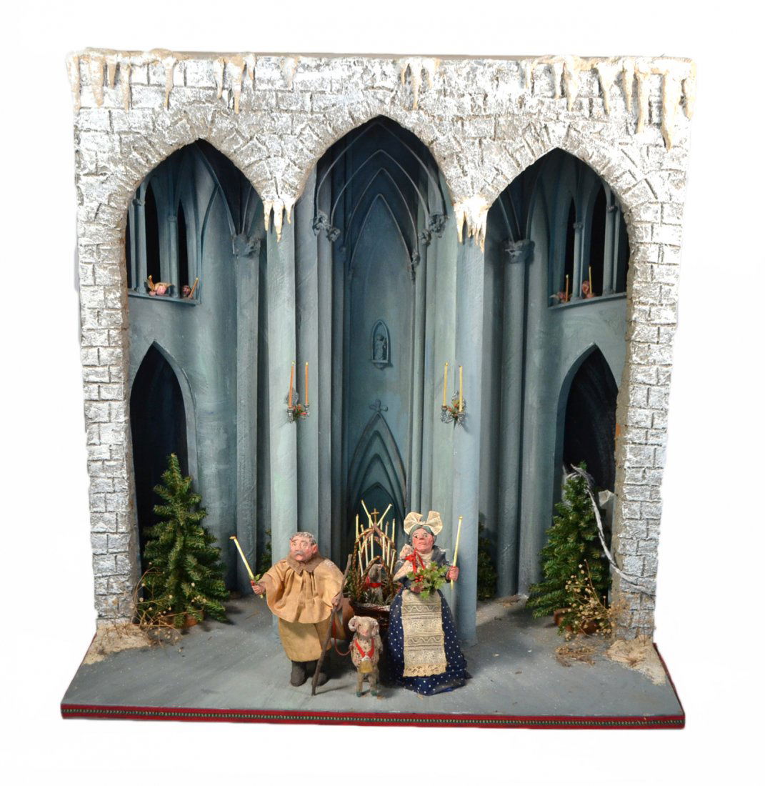 Robert Heitmann Diorama - Cathedral: Created for Tiffany by noted artist Robert Heitmann. Christmas-time cathedral scene with couple and sheep. [29 1/2" W x 15" D x 31" H]. Some wear.