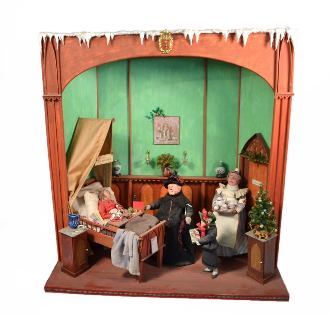 Robert Heitmann Diorama - Hospital: Created for Tiffany by noted artist, Robert Heitmann. Depicts a Christmas-time hospital scene with papier-mache figures. [30" W x 15" D x 31 1/2" H]. Light wear.