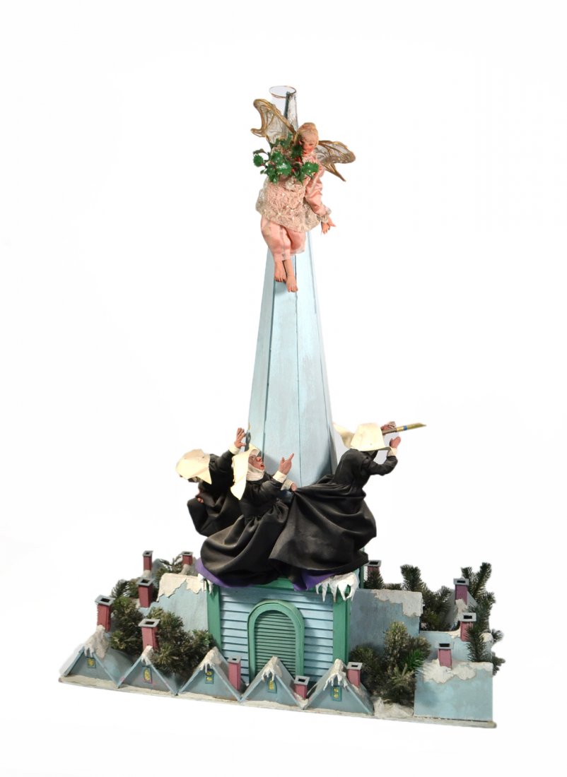 Robert Heitmann Diorama - Nuns: Created for Tiffany by noted artist, Robert Heitmann. Depicts a group of nuns clinging to a church steeple. [20" W x 14 3/4" D x 39" H].