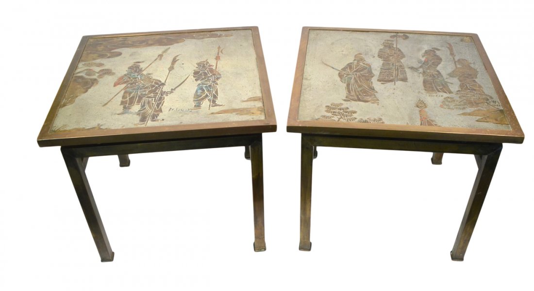 Pair Laverne End Tables: Each square table with patinated and silvered bronze figural decoration in the Asian taste. Both signed P&K Laverne. [18" W x 18" D x 16" H]. Light oxidation and ring mark. Otherwise good original con